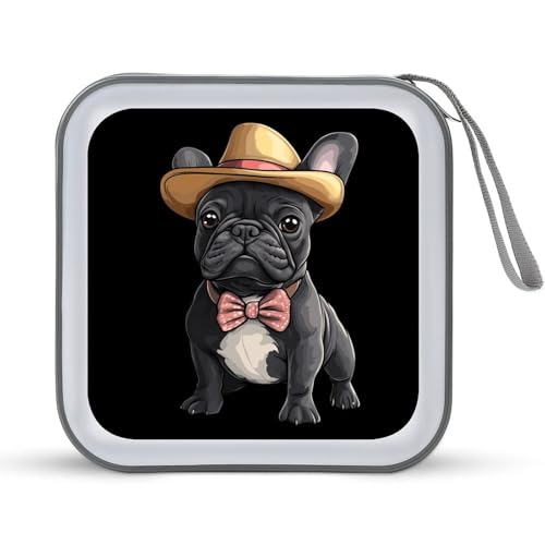 French Bulldog Dog with Hat CD Case Plastic DVD Case Holder Wallet Disc Storage Organizer for Car Travel