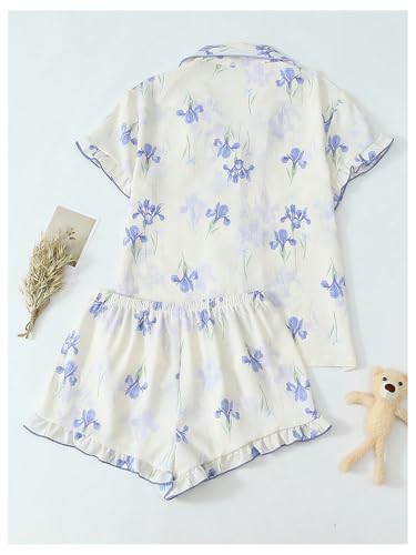Image of Verdusa Women's 2 Piece Floral Bow Pajama Set Short Sleeve Button Down Shirt and Shorts Set