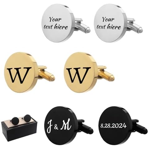 Personalized Cufflinks for Men, Custom Engraved Wedding Cuff Links for Groom, Father of the Bride & Groom Dad, Best Man, or Groomsmen – Black, Gold, or Silver Cufflinks with Dates, Names, or Initials (Gold) Cover