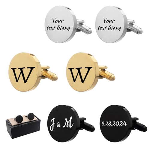 Personalized Cufflinks for Men, Custom Engraved Wedding Cuff Links for Groom, Father of the Bride & Groom Dad, Best Man, or Groomsmen – Black, Gold, or Silver Cufflinks with Dates, Names, or Initials