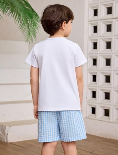 Image of OBEEII Back to School Outfit Toddler Boy Short Sleeve Graphic Shirt Gingham Shorts First Day of School Summer Clothing Set