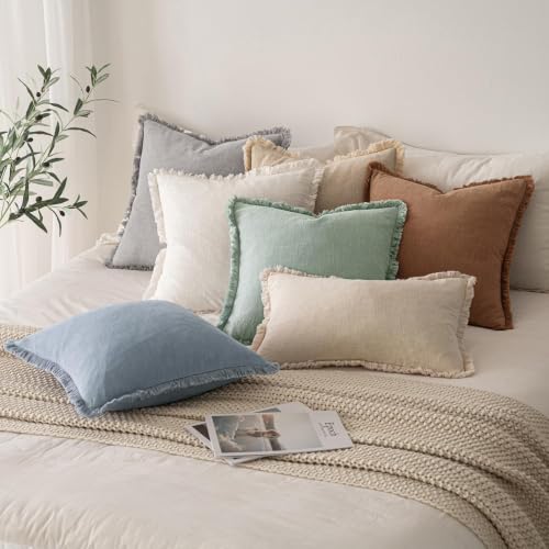 Image of MIULEE Linen Fringe Decorative Lumbar Throw Pillow Covers Aqua Green 12x20