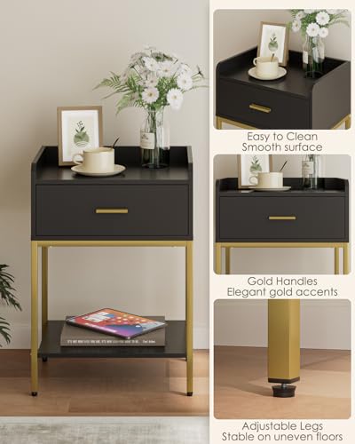 Image of Masupu Nightstand,Bedside Table 3-Tier Modern Night Stand with Storage Drawer and Shelf,Small End Side Table for Bedroom,Living Room,Black (Without Outlet, Black)
