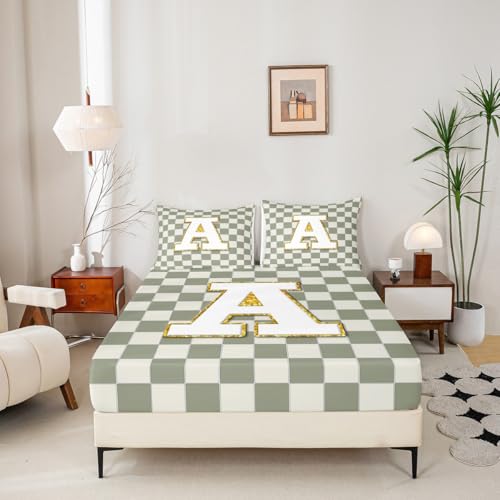 Image of Erosebridal Sage Green Checkered Bed Sheets Queen Plaid Initial A Sheet Set Personalized Monogram Bedding Set for Kids Boys Girls,Fashion Grids Gingham Fitted Flat Sheets 4 Piece