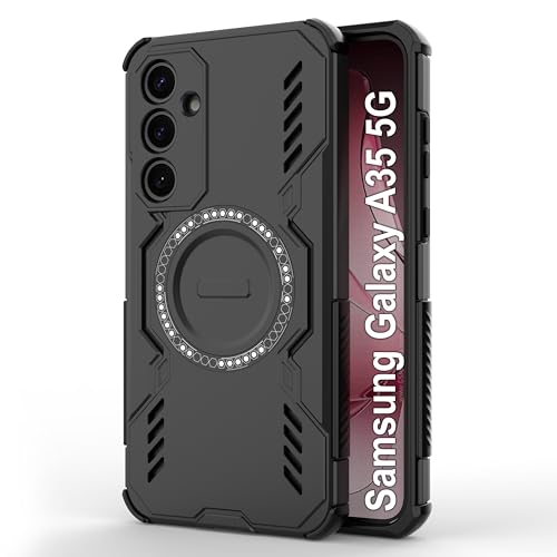 Image of amazon basics Back Case Cover for Samsung Galaxy A35 5G | Magnetic Case with Built-in Metal Ring | Supports Mag-Safe Charger, Wallet & Car Mount | Shockproof Hybrid PC + TPU | Black