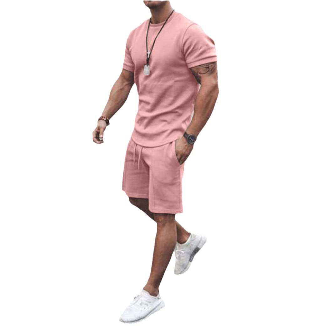 Survêtement décontracté coton homme rose L : ensemble short manches courtes