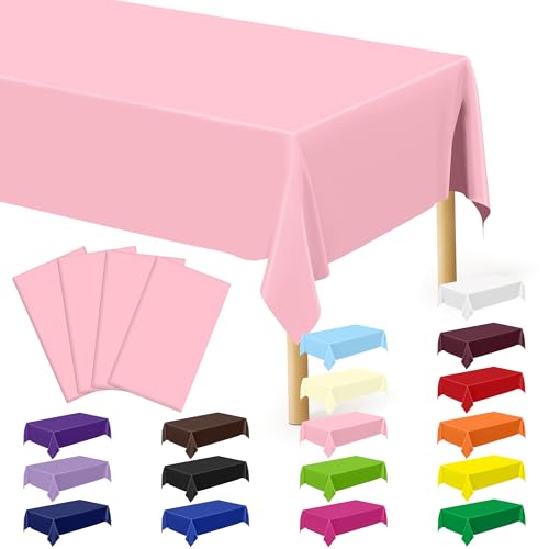 Image of 4 PCS Plastic Table Cloth Disposable, 54 x 108 Inches Pink Tablecloth, Plastic Table Cover Rectangle Tablecloth for Baby Shower Decorations and Wedding Party, Tablecloths of Leakproof Home Essentials
