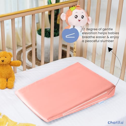 Image of Cherilo Standard Elevated Wedge Pillow for Baby Crib & Mattress, Helps to Elevate Baby for Acid Reflux, Colic, GERD, Heat Burn & Vomiting | 14 inch x 19 inch x 3.5 inch | - with Removable Velvet Cover - Peach