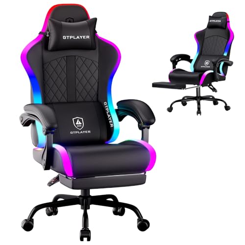 GTPLAYER RGB Gaming Chair, Computer Gamer Chair with Footrest and LED Lights, PC Gamer Chairs for Adults, High Back Reclining Office Chairs, Linkage Armrest (Black)