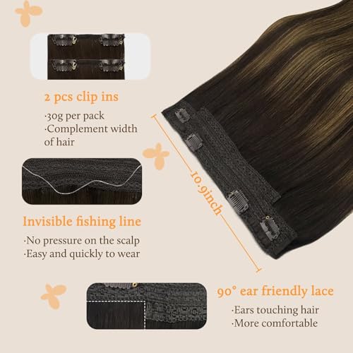 Image of DOORES Wire Hair Extensions, Balayage Dark Brown to Chestnut Brown 18 Inch 95g Fish Line Weft Extensions and 2pcs 30g Clip ins, 100g Invisible Wire Real Human Weft Seamless Hairpiece