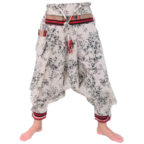 Siamrose Japanese Style Samurai Yoga Ninja Harem Pants Men Women Lounge Trousers, One Size, Elastic Waist (Beige Printed)