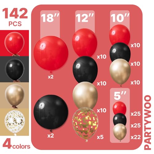 Image of PartyWoo Red Black and Gold Balloon Arch Kit Garland 142pcs Different Sizes of 18 12 10 5 Inch Matte Black Red Metallic Gold Confetti Balloons for New Year's Eve Graduation Birthday Party Decorations