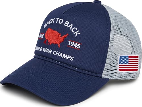 Funky Junque Cotton Front Trucker Hat for Men Vintage Embroidered Snapback Mens Adjustable Mesh Back Baseball Cap - Back to Back World War Champs - Navy