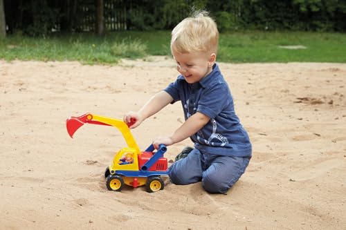 Lena 04151 Aktiv Bagger, ca. 35cm, mit beweglicher Spielfigur, Baustellen Spielfahrzeug für Kinder ab 2 Jahre, robuster Schaufelbagger mit funktionstüchtigen Baggeram und Haltegriff