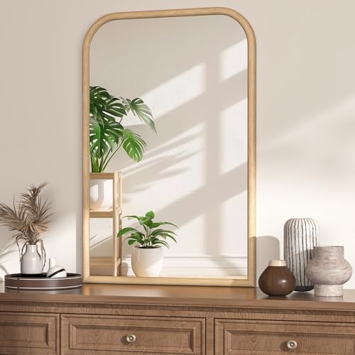 Image of 24 inchx36 inch Arch Wall Mirror for Wall, Wall Mounted Vanity Mirror for Bedroom, Wood Grain Finish Frame Mirror with Tempered Glass, Vintage Decorative for Bathroom, Entryway, Living Room, Natural