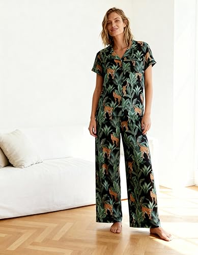 Image of Rachel Zoe Button Up Pajamas for Women Set, Jersey Knit Soft PJs with Button Down Pajama Top and Long PJ Pants