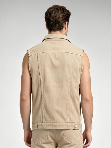 Image of Men's Sleeveless Ripped Denim Vest Casual Slim Fit Button Down Jeans Vests Jacket