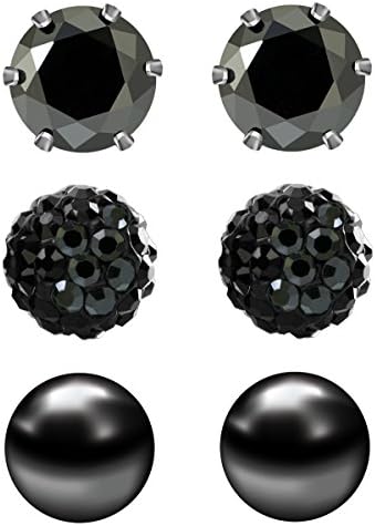 JewelrieShop Black Studs Earrings for Women CZ Rhinestones Crystal Ball Fake Pearl Stainless Steel Party Stud July Birthstone Earring Set for Girl (3 pairs,6mm Round,July)