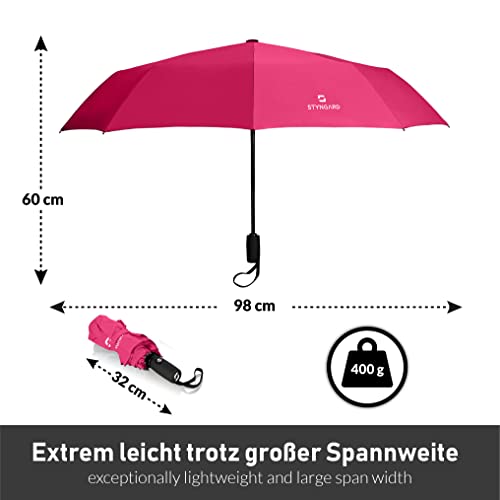 STYNGARD Regenschirm sturmfest bis 140 km/h - Taschenschirm mit Auf-zu-Automatik und zertifizierter Teflon-Beschichtung gegen Feuchtigkeitsschäden - kurzer Griff - Modell OSLO (Pink)