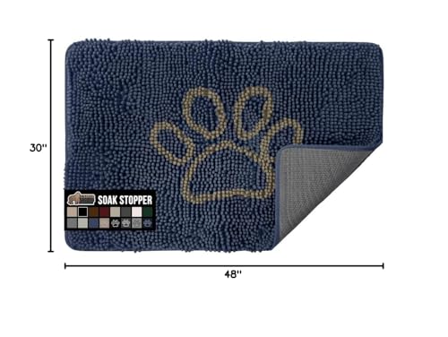Image of GORILLA GRIP SoakSTOPPER Dog Door Mat, 48x30 Machine Washable Rug Absorbent Doormat Captures Moisture Mud Dirt, Quick Dry Soft Chenille Entryway Rugs Indoor Entrance Mats for Dog Paws, Navy