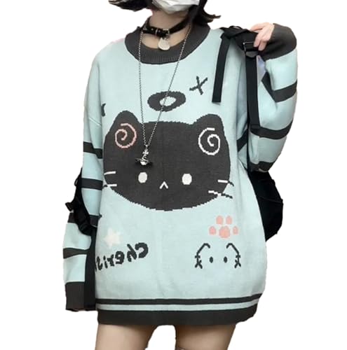 Kawaii Cat Graphic Sweaters for Women Knitted Stripe Oversize Cutecore Warm Harajuku Pullover Sweater