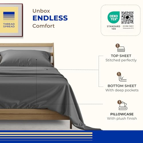 Image of THREAD SPREAD Twin Size Bed Sheets Set, Luxury 1000 Series 100% Egyptian Cotton Sheets Twin Size (3 PC, Dark Grey), Silky Soft, Cooling, Sateen Weave, 16 inch Deep Pocket Hotel Quality Sheet Set