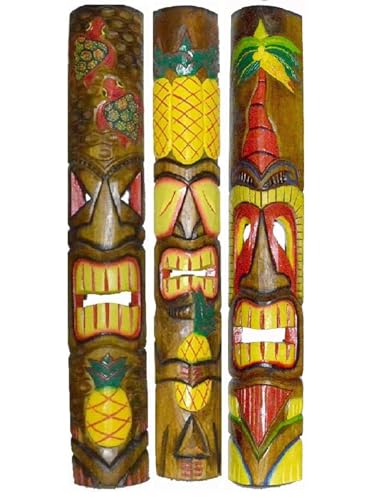WorldBazzar 40 IN HAND CARVED BEAUTIFUL SET OF 3 POLYNESIAN TIKI GOD TRIBAL MASKS Art