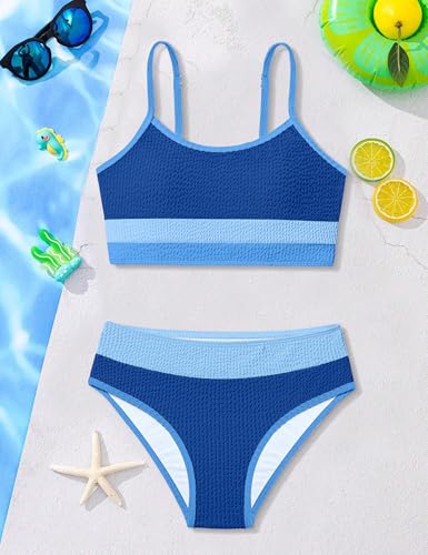 Image of Girls Bathing Suit Color-Block Adjustable Straps Bikini Sets Girls Two Piece Swimsuits with Chest Pad Swimwear 7-18T