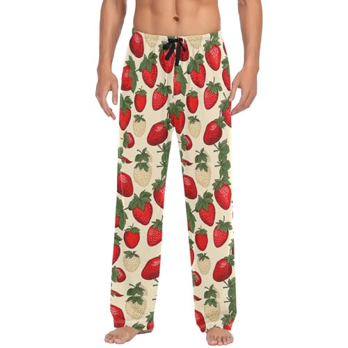 Men’s Strawberry Pattern Pajama Pants with Pockets, Comfortable Lounge Sleep Bottoms#777