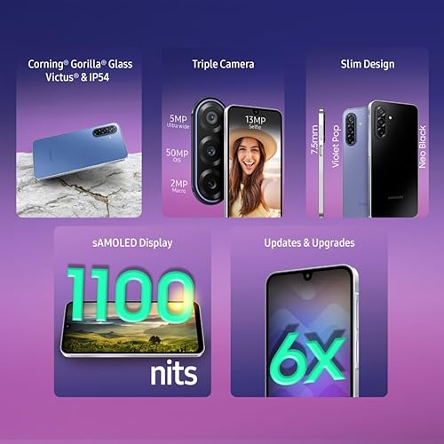 Image of Samsung Galaxy F17 5G (Violet Pop, 4GB RAM, 128GB Storage) | 6.7 inch FHD+ Super AMOLED Display | Exynos 1330 Processor | 50MP OIS Triple | 13MP Front Camera | 5000mAh | 25W Fast Charging | IP54 Rating