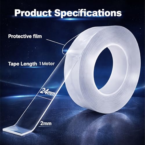 Image of YAJNAS Nano Double Sided Tape | Heavy Duty Reusable Washable Traceless Adhesive Gel (2mm Thick, 24mm Wide) | Strong Multipurpose Mounting Tape for LED Lights, Hooks, Frames & Home Use (1 METER)