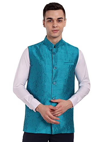 Image of SKAVIJ Mens Embellished Ethnic Wear Nehru Jacket Floral Printed Formal Waistcoat Regular Fit (Small,Turquoise)