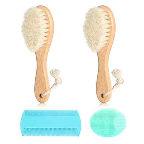 Image of Goat Baby Hair Brush Set, 2pcs Wooden Soft Bristles Brush with Comb and Green Silicone Bath Brush for Newborns Toddlers Safe Natural Hair Care Kit