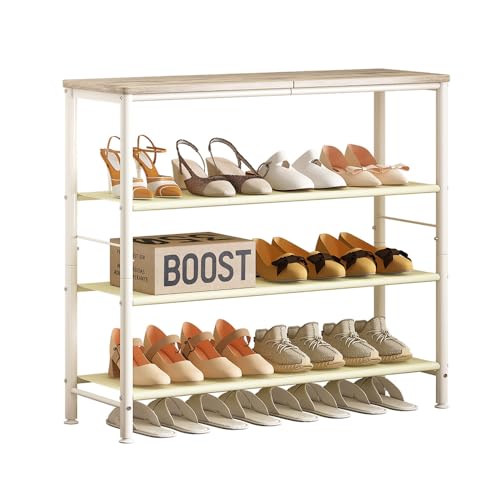 Image of INGIORDAR Shoe Rack Organizer 5 Tier Metal Organizer Shelf with Industrial MDF Board and Layer Fabric for Entryway Closet Bedroom Living Room Garage (White, 4 Tier)