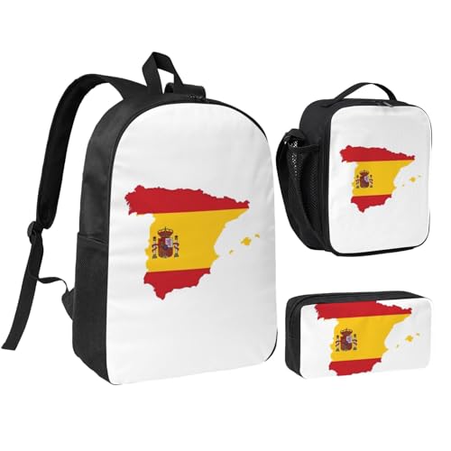 Spanish Flag Map print Shoulder Bookbags Lunch Bag and Pen Case 17 inches Backpack with Lunch Box, Cute Bookbag Set