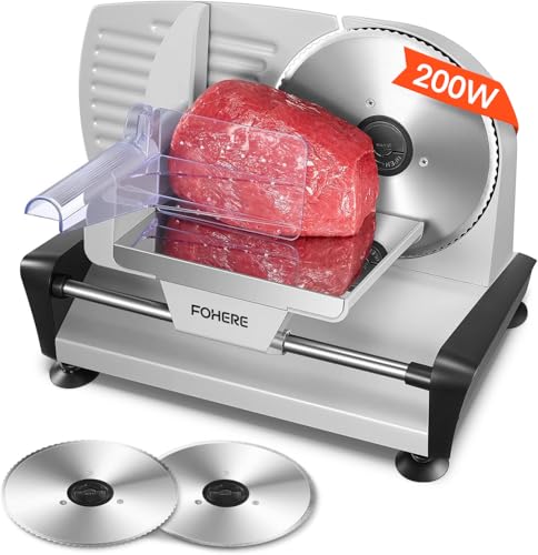 Meat Slicer with 2 * 19cm Blade Electric Bread Slicer Machine for Home Use 200W FOHERE Deli Food Cutter 0-15mm Adjustable Thickness for Cheese Bread Include Safety Food Pusher Silver