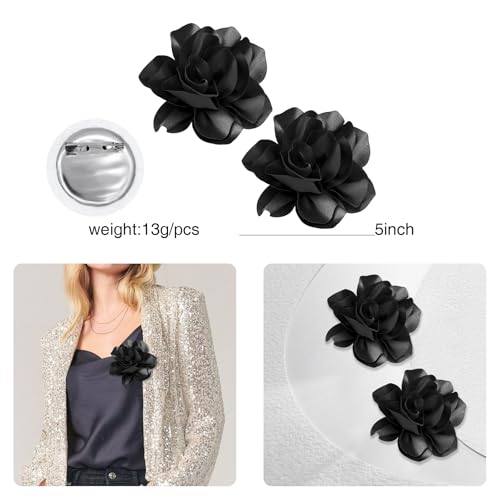 Image of 2Pcs 5in Dainty Satin Fabric Flower Brooch Extra Large Rose Camellia Flower Brooches Lapel Pins for Women Wedding Party Dance Banquet Clothes Jewelry Accessories