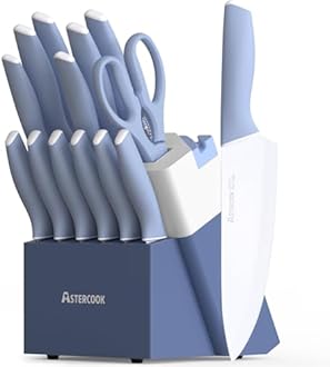 Astercook Kitchen Knife Set with Block and Sharpener 15 Piece Ceramic Coating German High Carbon Stainless Steel Knives Sharp Blade Dishwasher Safe Deba Knives with Ergonomic Handle, Delicate Blue