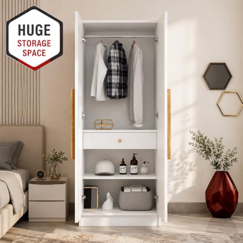 Image of Bniture 2 Door Wooden Wardrobe for Bedroom | Almirah for Clothes with 4 Shelves, Engineered Wood Wardrobe for Clothes | Cupboard for Bedroom (46D x 80W x 182H CM) | 3 Years Warranty (Frosty White)