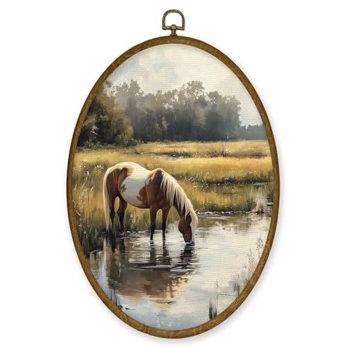 JMENGSSFL Vintage Horse Oval Wall Art Decor, Country Farmhouse Horse Canvas Prints, Retro Rustic Cottagecore Animal Framed Wall Art for Home Bedroom Living Room Decor, 8.6x11.4 Inch