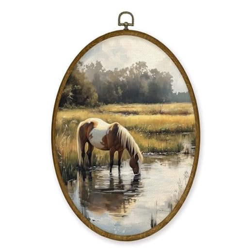 JMENGSSFL Vintage Horse Oval Wall Art Decor, Country Farmhouse Horse Canvas Prints, Retro Rustic Cottagecore Animal Framed Wall Art for Home Bedroom Living Room Decor, 8.6x11.4 Inch