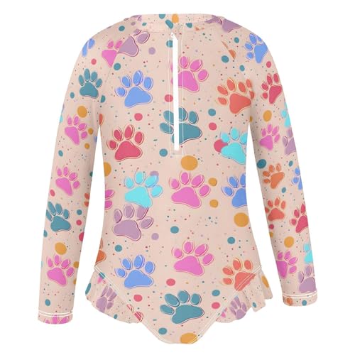 ALAZA Footprint Dog Paw Print Colorful Girls One Piece Swimsuit Long Sleeve Rash Guard Swimsuits UV 50+ Swimwear Zipper2