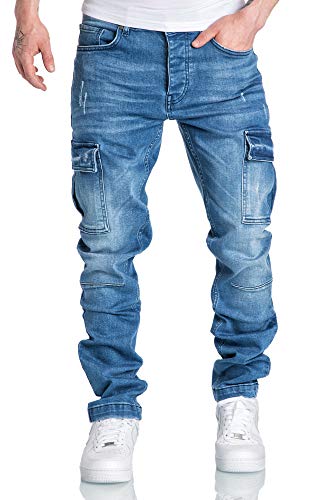 Amaci&Sons Herren Cargo Jeans Regular Slim Denim Hose Destroyed 7985 Hellblau W34/L32