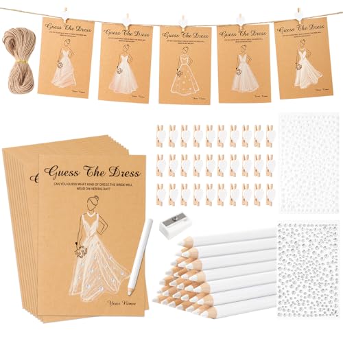 Nyvralora 30 Sets Guess The Dress Bridal Shower Games for Guests Include Wedding Shower Game Cards Pencils Pearl Gem Stickers Clips Fun Wedding Party Decorations Games Ideas