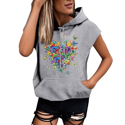 PAIDAXING Sudaderas con capucha para mujer, ajuste holgado, sin mangas, con cordón, cómodas, informales, talla grande, chaleco con capucha, chaleco con bolsillos, suéter de gran tamaño, 12-gris, XXL