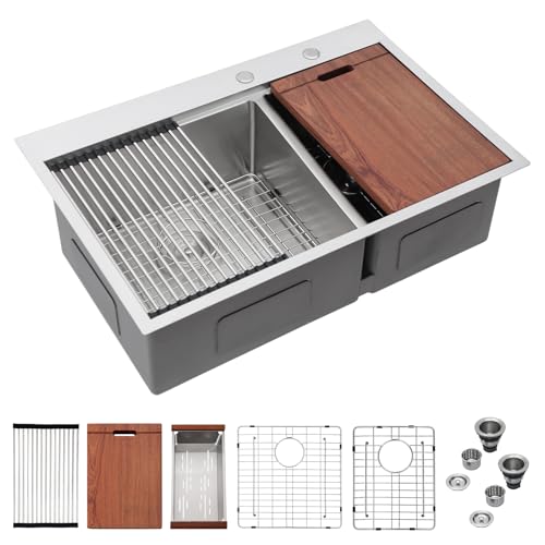 Mocoloo 33 Inch Drop In Kitchen Sink - 33 x 22 Drop In Double Bowl Kitchen Sink 16 Gauge 60/40 Topmount Stainless Steel Sinks Handmade, 33''x22''x10'' Above Counter with Offset Drainer
