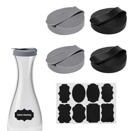 Fukaisu 4pcs Replacement Lids for Good Seasons, Silicone Salad Cruet Top with Labels BPA-Free Salad Dressing Lid Leakproof & Airtight Cap Accessory for Cruet Bottle Container (Grey, Black)