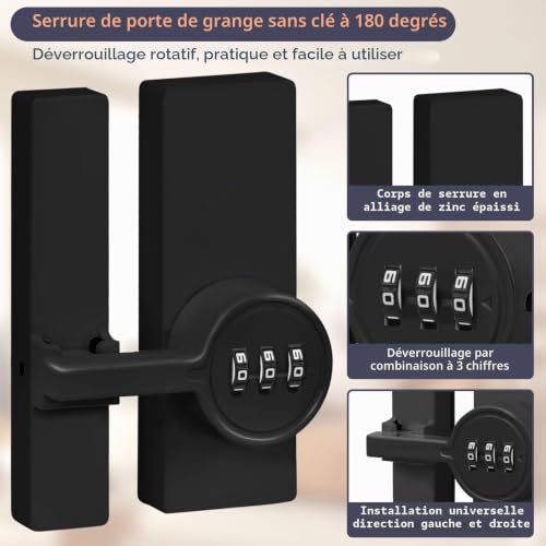 BigKing Loquet avec verrouillage par mot de passe, alliage de zinc, serrure à combinaison mécanique antivol rotative à 180° MK78, verrou pour portes d'abris, garages, armoires (noir) – vue 2