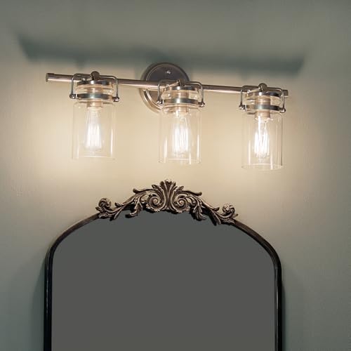 Image of Kichler Brinley 24 inch Vanity Light in Brushed Nickel, 3-Light Farmhouse Bathroom Vanity Light with Clear Glass, (24 inch W x 10 inch H), 45689NI