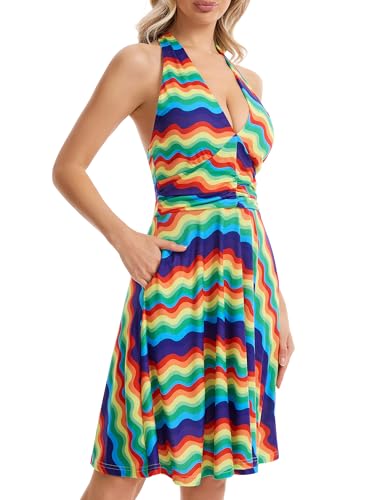 Image of Women's Festival Dress- Halter V Neck Sleeveless Ruffle Mini Dresses with Pocket